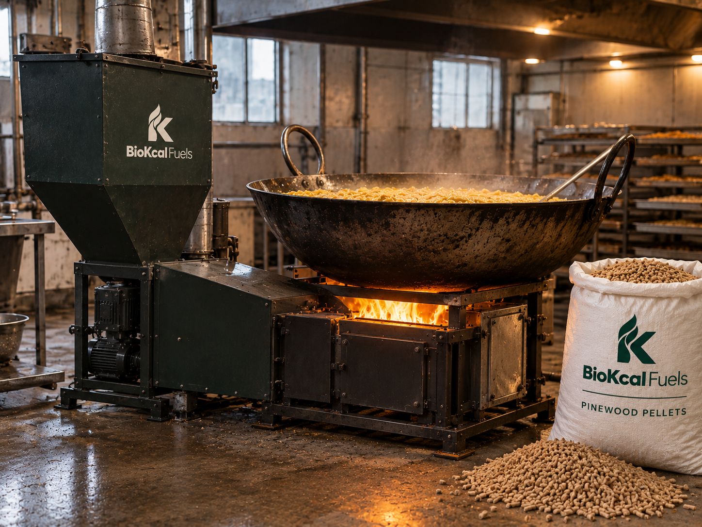 BioKcal pinewood pellets feeding a pellet burner under a namkeen kadai