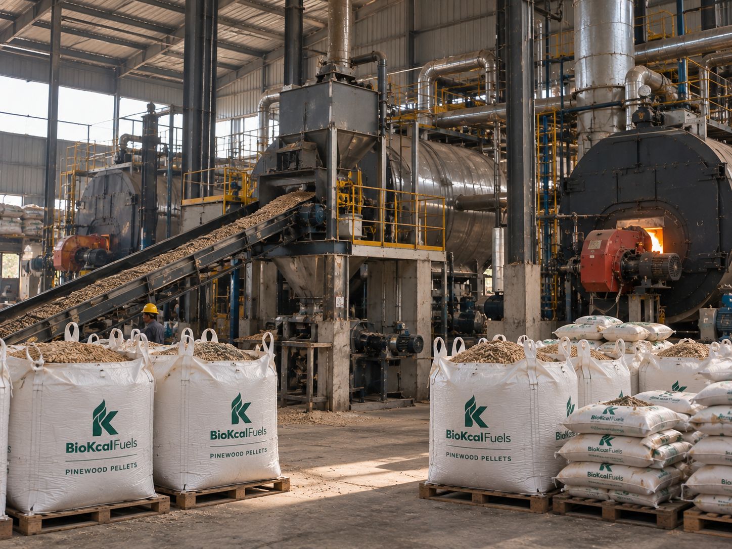 BioKcal jumbo bags of pellets beside a boiler feed hopper
