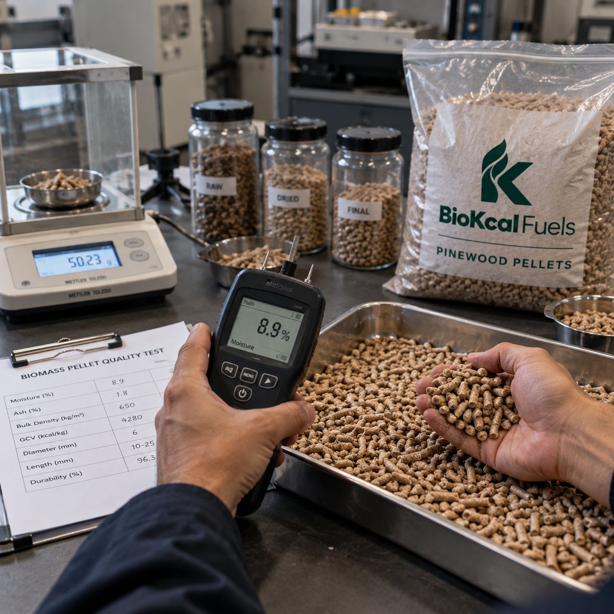 Moisture testing BioKcal pellets before dispatch